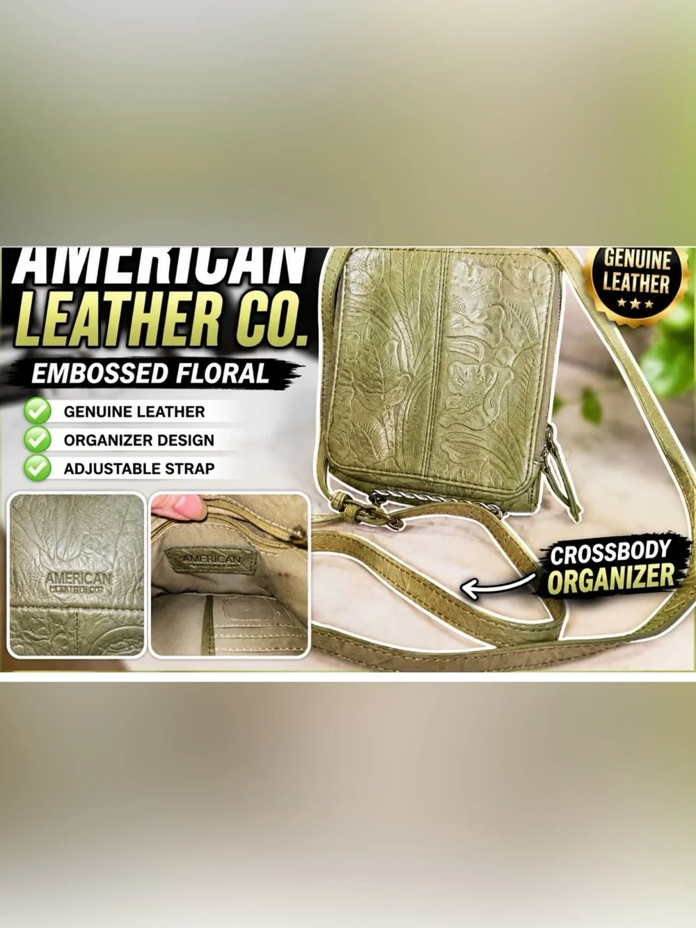 American Leather Co. Embossed Floral Crossbody in Olive Green